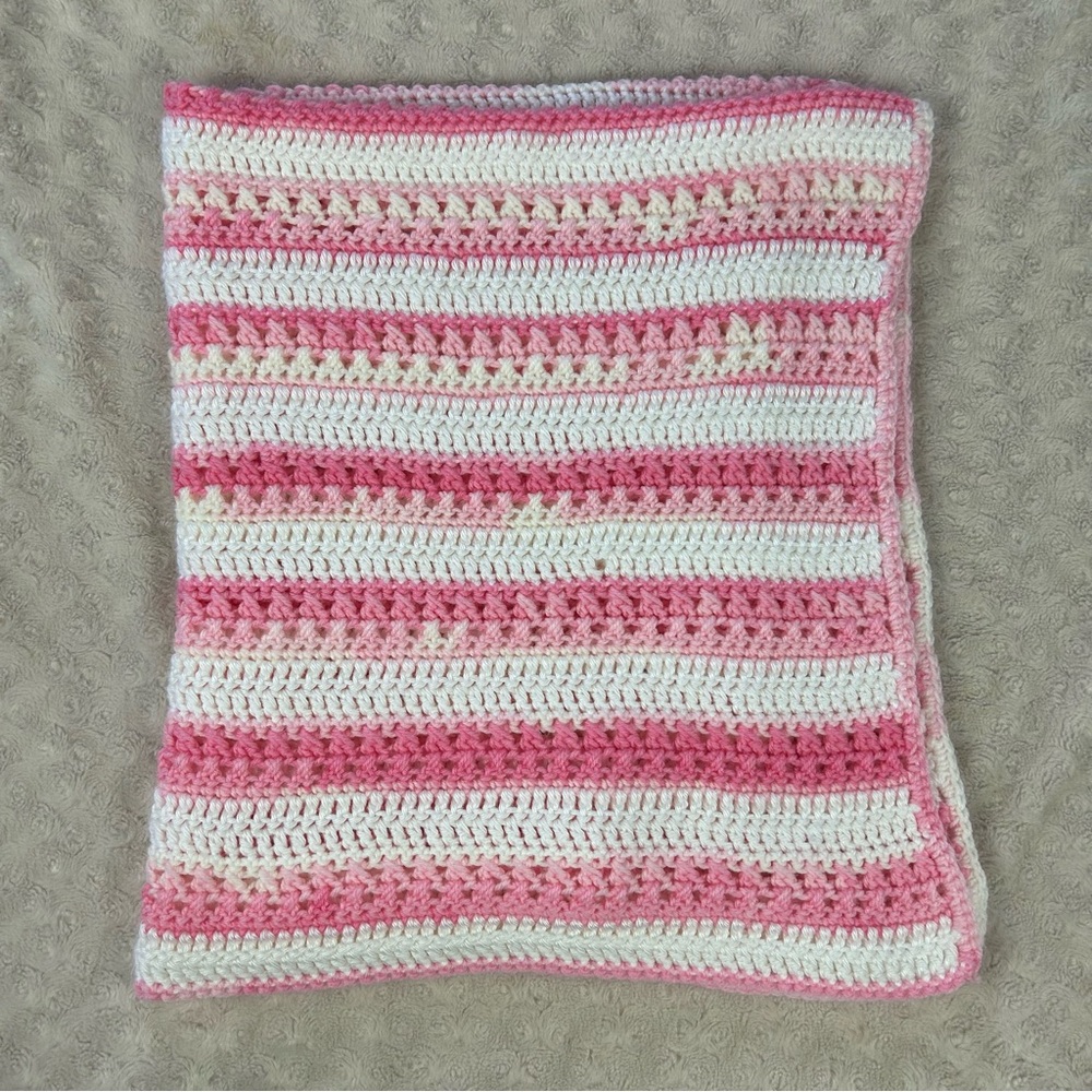 Handmade Pink White Cream Stripes Baby Blanket Throw